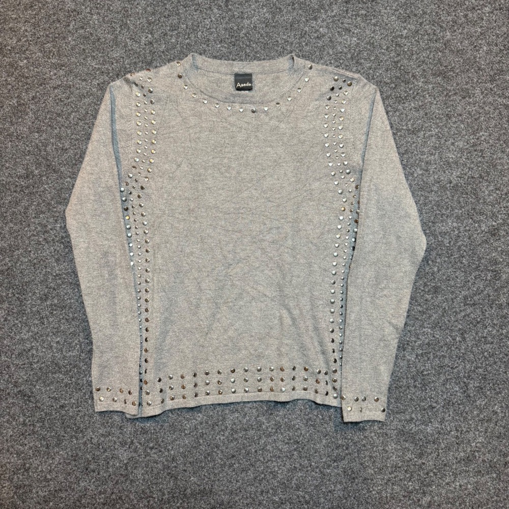 Aaeda Gray Studded Crew Neck Long Sleeve Pullover Sweater Small